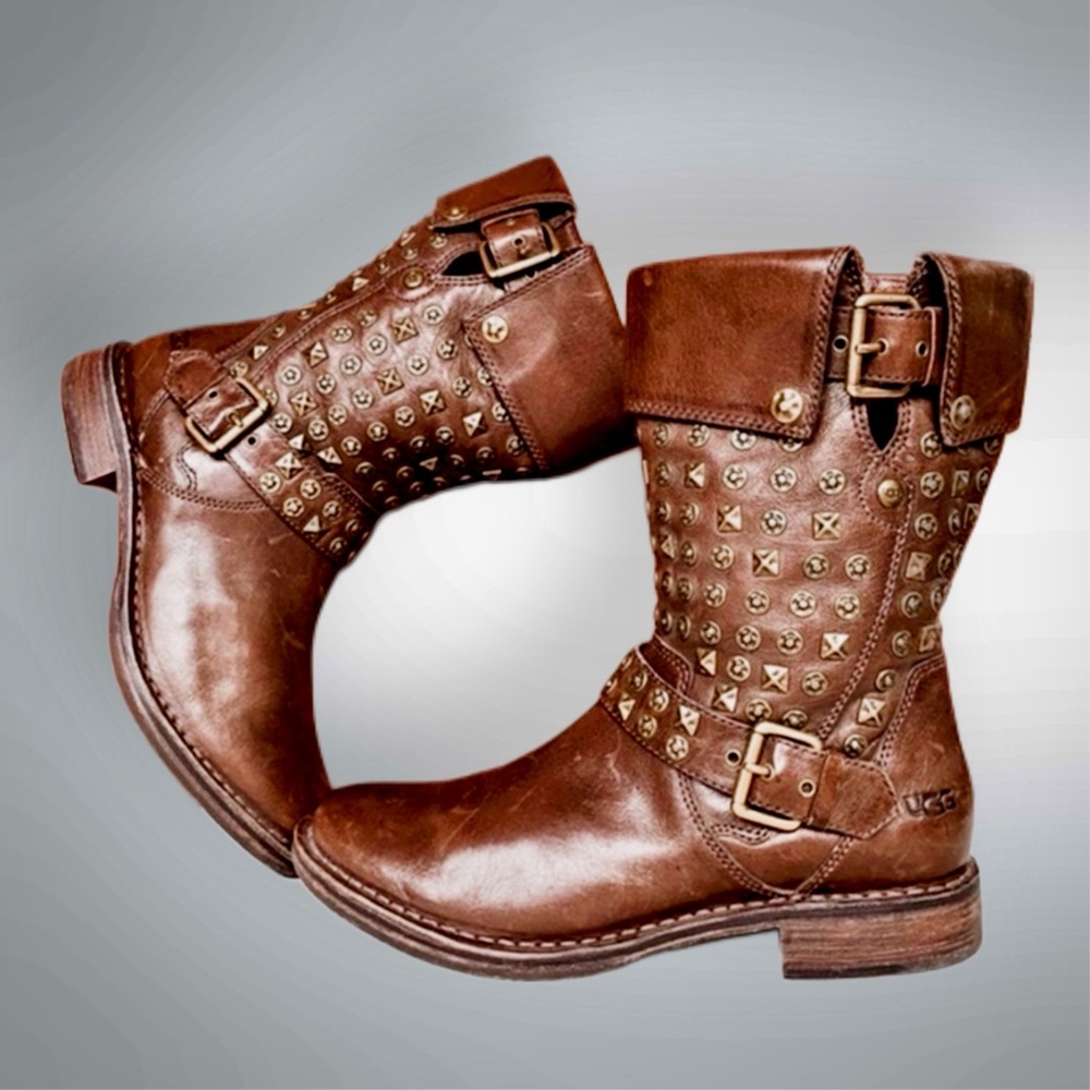 SALE ❤️ UGG Conor Harness Studded Shearling Brown Leather Moto Biker Boots 7.5